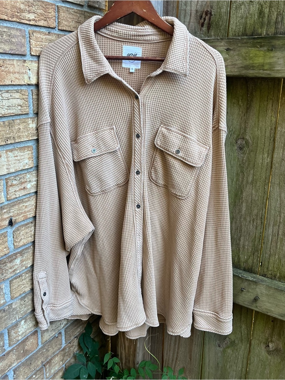 Aerie Oversized LumberJane Beige Waffle-Knit Button Down Shirt Jacket